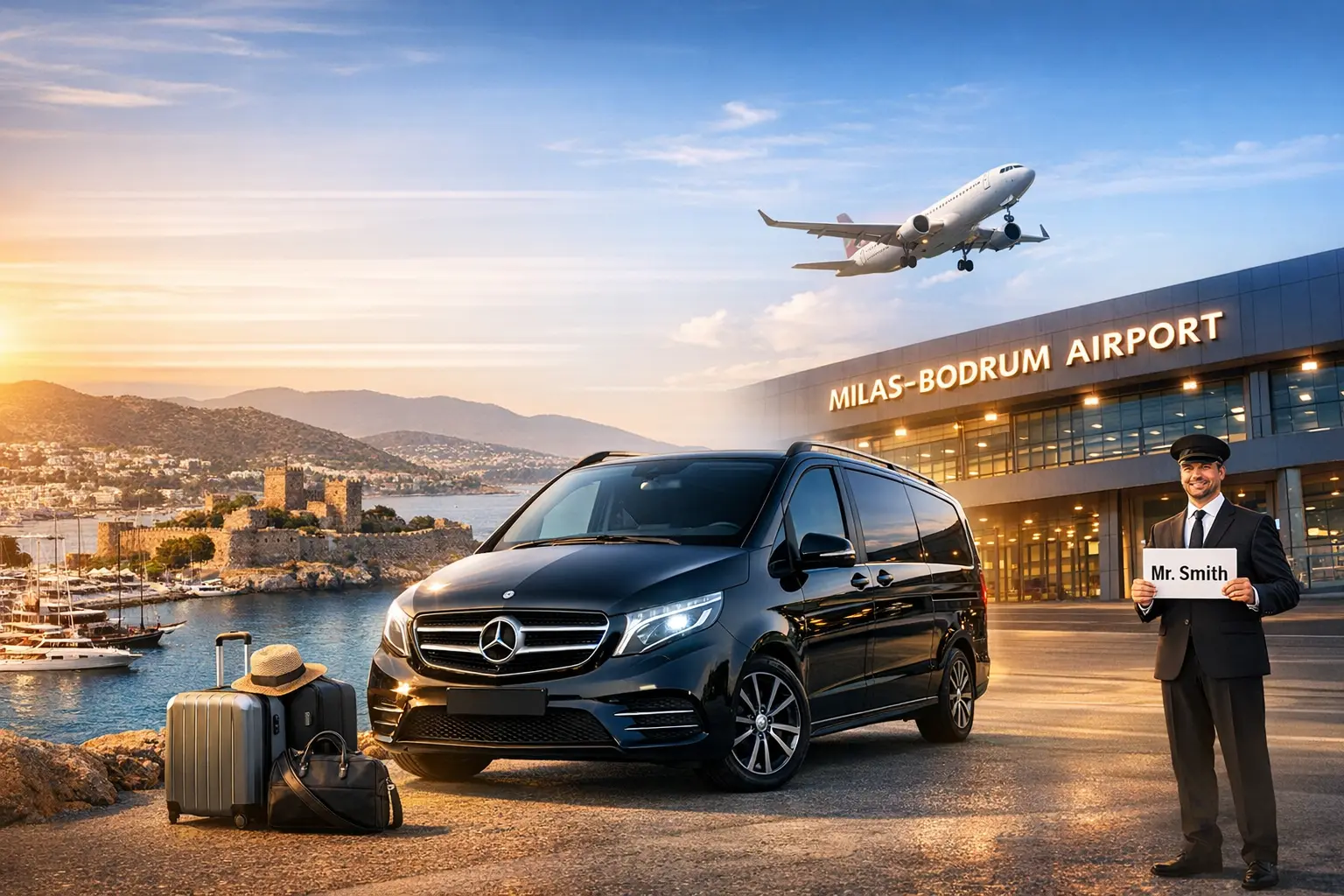 Luxury Mercedes V-Class Bodrum Airport Transfer service with chauffeur at Milas-Bodrum Airport terminal